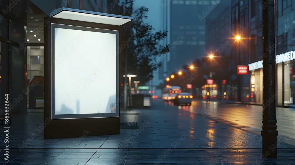 Empty billboard mockup in rainy city at night, blank advertisement banner on bus stop. Concept of marketing, advertising, outdoor media Empty billboard mockup in rainy city at night, blank advertisement banner on bus stop. Concept of marketing, advertising, outdoor media
