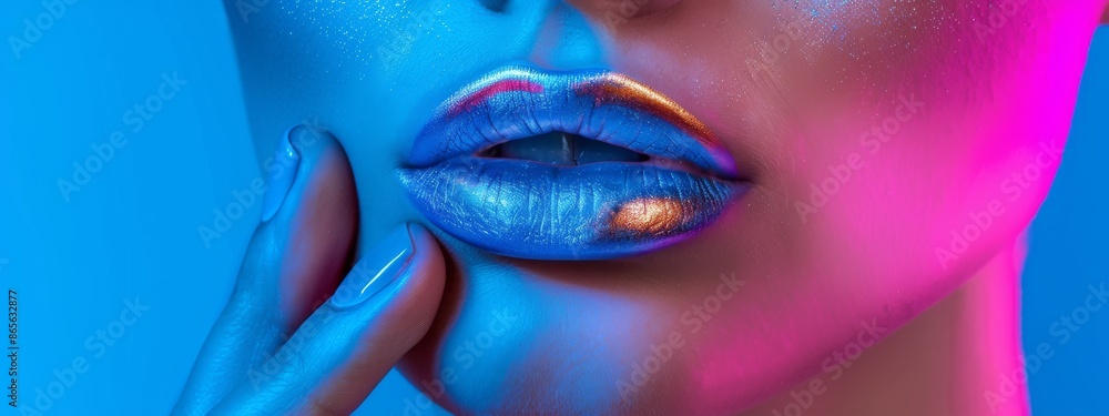 Close-up of woman's lips with futuristic metallic makeup under blue and pink neon lighting Close-up of woman's lips with futuristic metallic makeup under blue and pink neon lighting