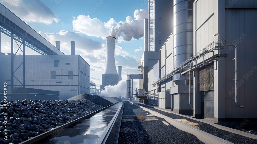 Fototapeta premium Close up of contemporary power plant fueled by coal and biomass in a realistic photo