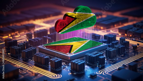 Technology soaring, a Guyana flag-themed cloud hovers above a processor, symbolizing innovation in the digital age photo