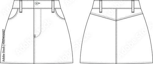 mini short a line denim jean skirt template technical drawing flat sketch cad mockup fashion woman design style model
