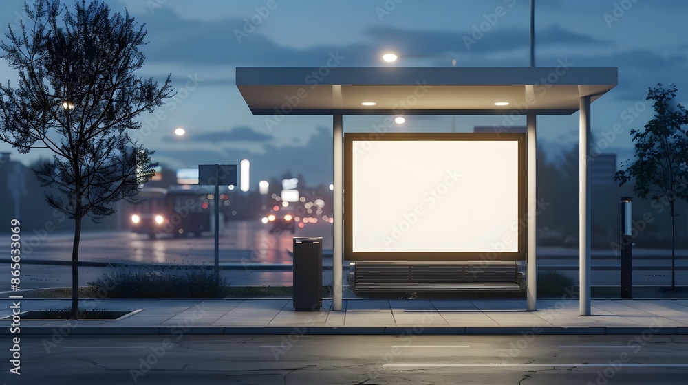 Empty illuminated billboard at a bus stop at night, city traffic background. Concept of advertising, marketing, and urban landscape. Empty illuminated billboard at a bus stop at night, city traffic background. Concept of advertising, marketing, and urban landscape.