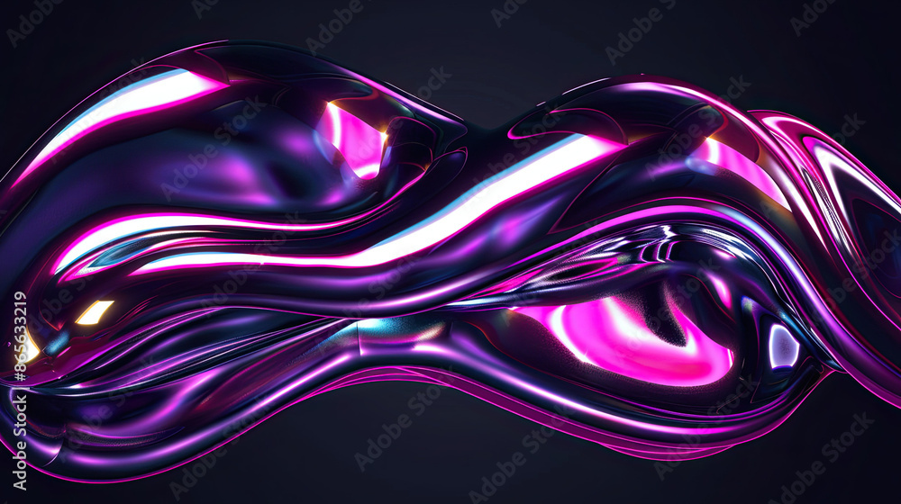 Fototapeta premium Splashing 3D Chrome Neon Fluid Form, Liquid Metallic Shape, Isolated on Black