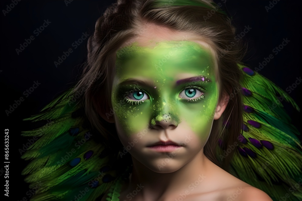 Enchanting Ethereal Female Portrait with Vibrant Green Feathers and Dramatic Makeup Enchanting Ethereal Female Portrait with Vibrant Green Feathers and Dramatic Makeup