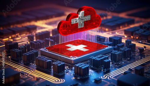 Technology soaring, a Switzerland flag-themed cloud hovers above a processor, symbolizing innovation in the digital age