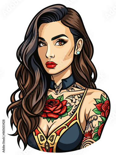 Beautiful brunette girl with rose tattoo on her chest and neck. Vector illustration