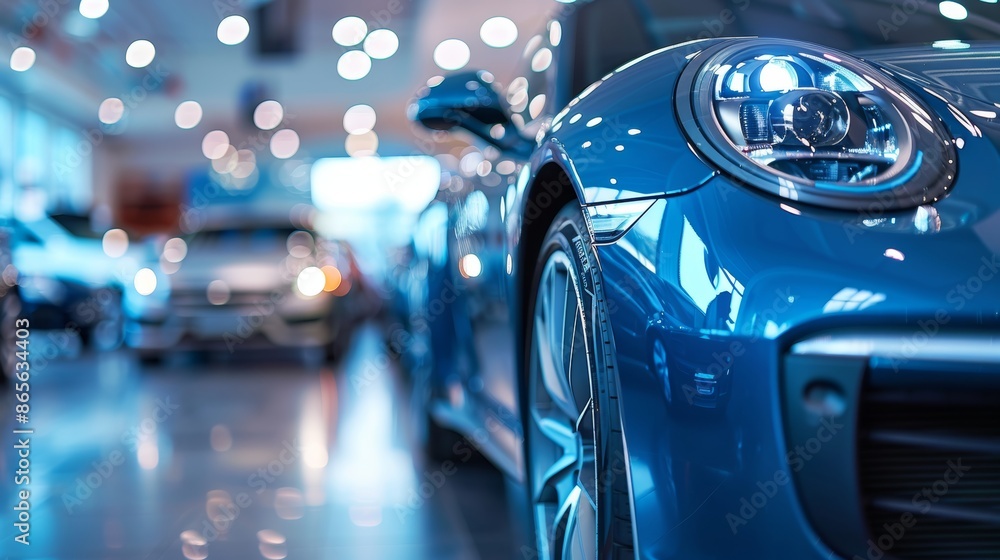 Realistic close up photo of car for sale in showroom with soft focus, automotive display Realistic close up photo of car for sale in showroom with soft focus, automotive display