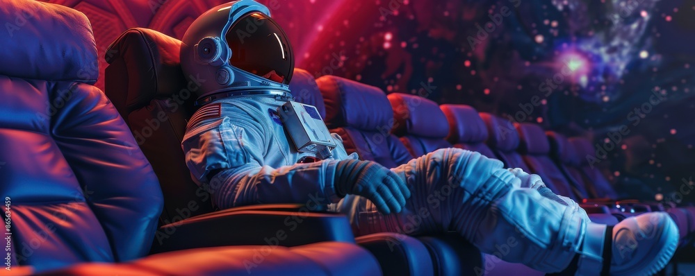 Astronauts seated in a futuristic cinema, watching a cosmic-themed movie with Earth in the background. Ideal for space exploration and sci-fi visuals. Free copy space for text. Astronauts seated in a futuristic cinema, watching a cosmic-themed movie with Earth in the background. Ideal for space exploration and sci-fi visuals. Free copy space for text.