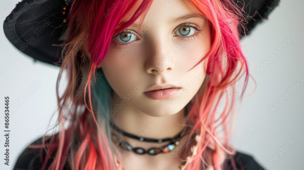 A girl with vibrant pink and red hair, wearing a black hat, her striking blue eyes gazing intently, set against a soft white background, creating a captivating and artistic portrait A girl with vibrant pink and red hair, wearing a black hat, her striking blue eyes gazing intently, set against a soft white background, creating a captivating and artistic portrait