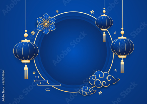 Happy Chinese new year 2025. Chinese new year banner with circle for show product. Greeting card. China frame with lantern on Blue background.