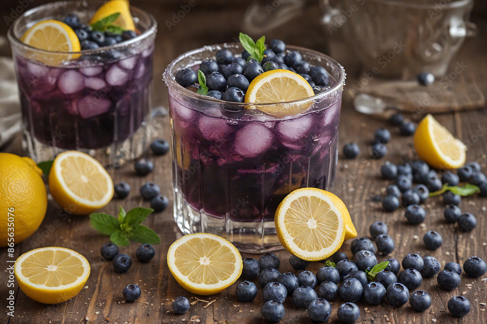 Fototapeta premium Two glasses with refreshing drink of blueberries and lemon on table surrounded by berries and circles of citrus fruit. AI generative.