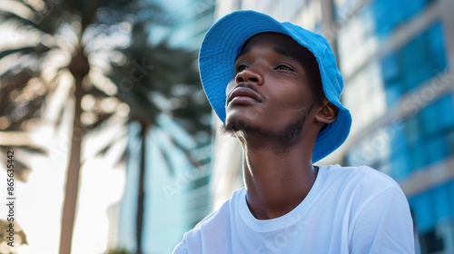 Male model in white t shirt and blue bucket hat posing in urban miami cityscape, realistic photo photo