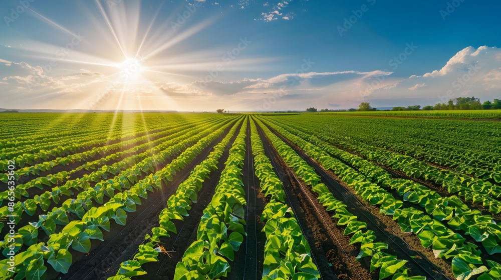 Green lettuce field at sunset with sun rays. Rows of fresh salad plants growing on farm. Concept of agriculture, organic food, and sustainability. Green lettuce field at sunset with sun rays. Rows of fresh salad plants growing on farm. Concept of agriculture, organic food, and sustainability.
