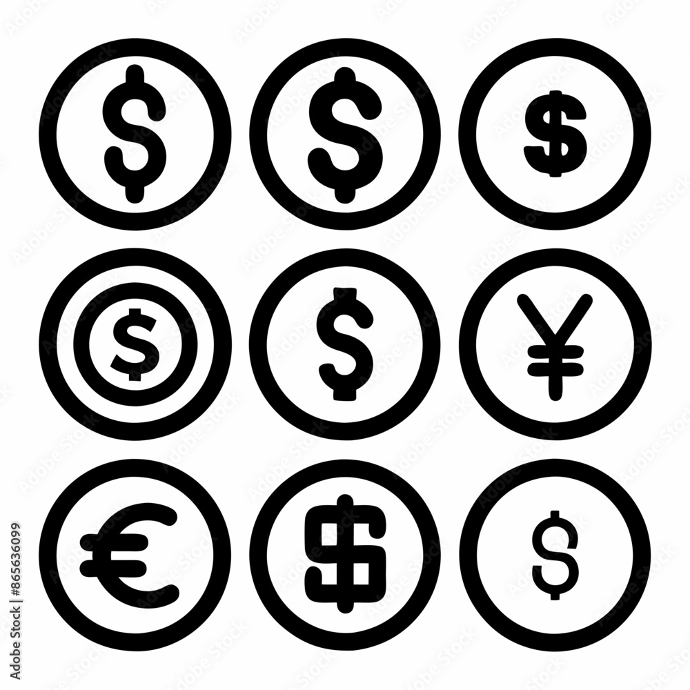 Currency symbols in circular shapes on white background Currency symbols in circular shapes on white background