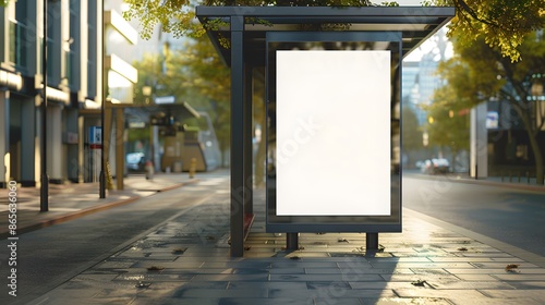 Blank billboard mockup at the bus stop on a city street. Empty billboard advertisement template for marketing and advertising campaigns. Urban landscape background. © XtzStudio