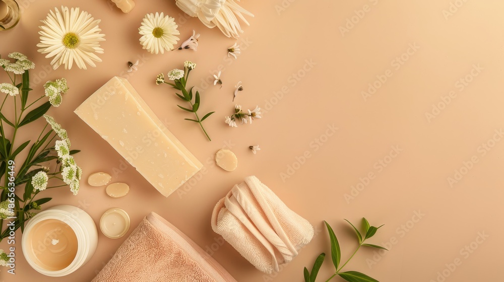 Cosmetic products with soap and flower on muted beige background Flat lay empty space Cosmetic products with soap and flower on muted beige background Flat lay empty space
