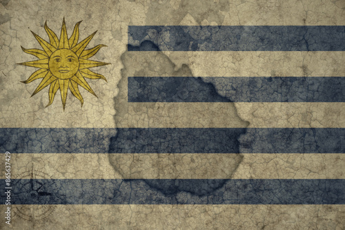 map and flag of uruguay on a old vintage crack paper background .