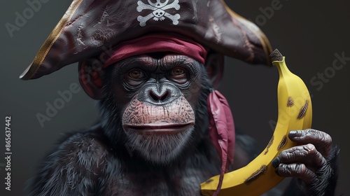 A chimpanzee wearing a pirate hat and holding a banana. The chimpanzee is looking at the camera with a curious expression.