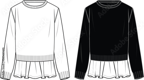 Women's 2 in 1 Jumper. Technical fashion illustration. Front, white and black colour. Women's CAD mock-up.