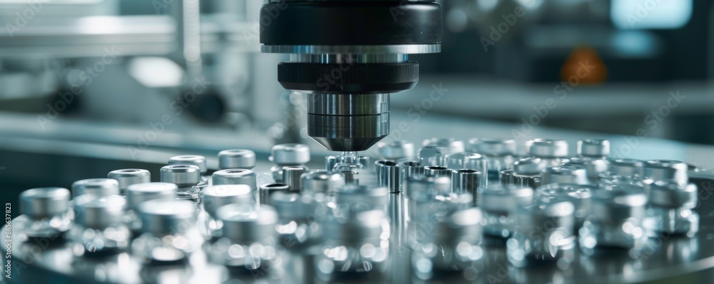 Close-up of precision machinery arranging metallic components in a manufacturing facility Close-up of precision machinery arranging metallic components in a manufacturing facility