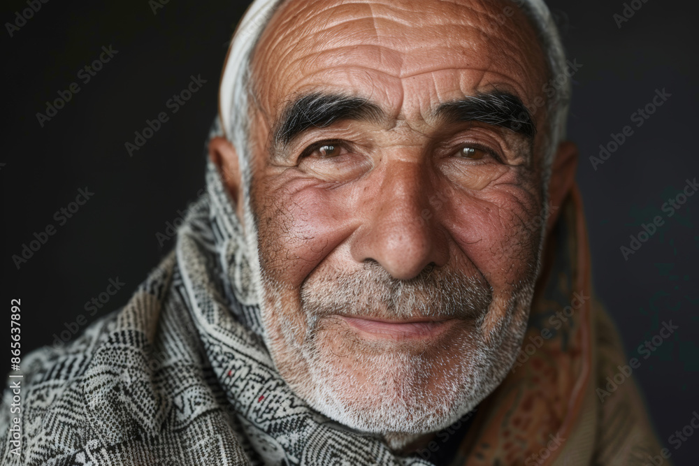 Close-up portrait of a senior man of Middle Eastern descent, studio photo, against a sleek gray studio backdrop