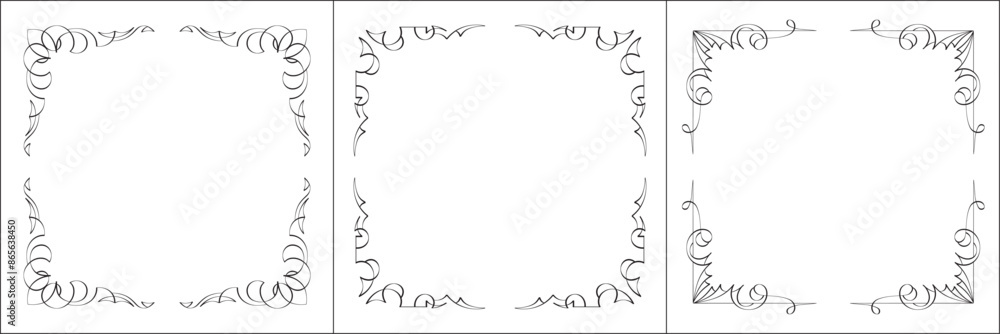 Set of three vector frames. Elegant black and white monochrome ornamental border for greeting cards, banners, invitations. Vector frame for all sizes and formats. Isolated vector illustration.
Set of three vector frames. Elegant black and white monochrome ornamental border for greeting cards, banners, invitations. Vector frame for all sizes and formats. Isolated vector illustration.