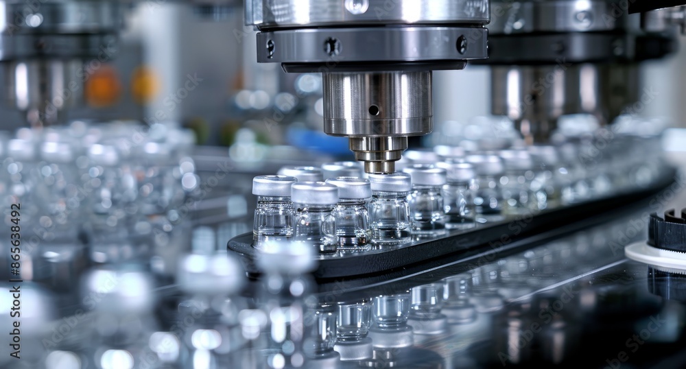 Close-up of an automated machine filling and capping vials in a pharmaceutical factory Close-up of an automated machine filling and capping vials in a pharmaceutical factory