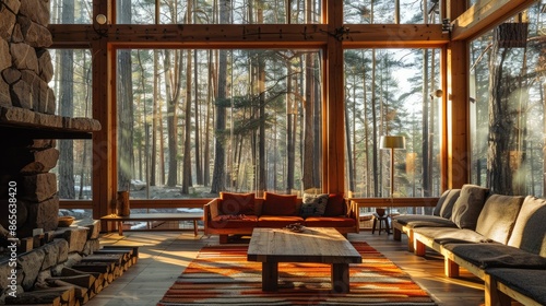 Cozy wooden cabin nestled in a forest, showcasing warm interior lighting and natural stone surroundings. AIG59