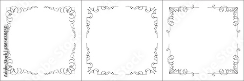 Set of three vector frames. Elegant black and white monochrome ornamental border for greeting cards, banners, invitations. Vector frame for all sizes and formats. Isolated vector illustration.	
