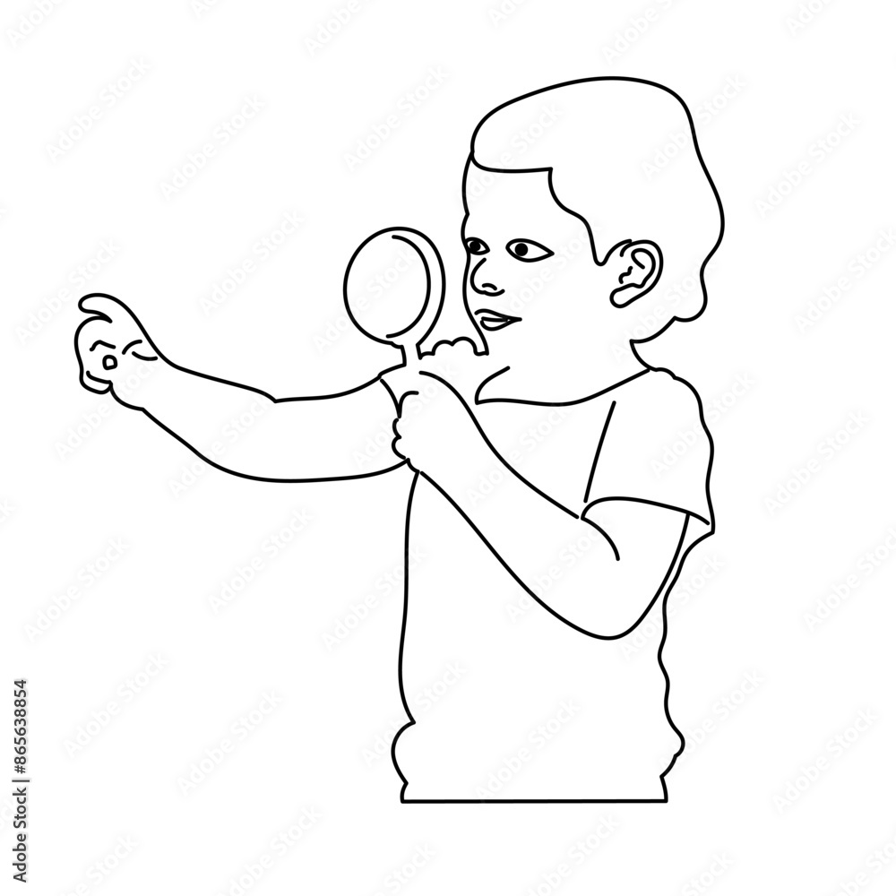Hand Drawn icon of Cute little boy using magnifying glass looking for something on tree trunk, little boy studying the environment