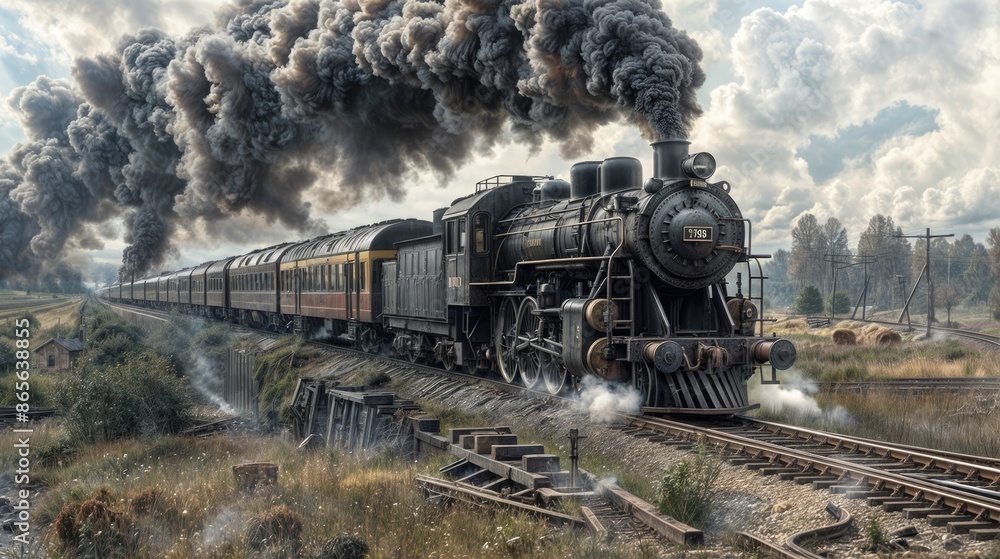 Obraz premium A black train engine with a yellow stripe, billowing black smoke as it crosses a bridge over a dirt road.