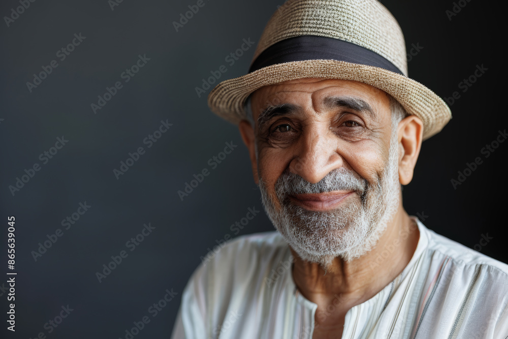 Close-up portrait of a senior man of Middle Eastern descent, studio photo, against a sleek gray studio backdrop Close-up portrait of a senior man of Middle Eastern descent, studio photo, against a sleek gray studio backdrop