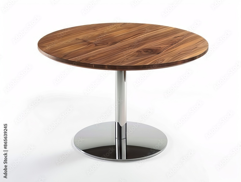 A round table with a wooden top and chrome base. A round table with a wooden top and chrome base.