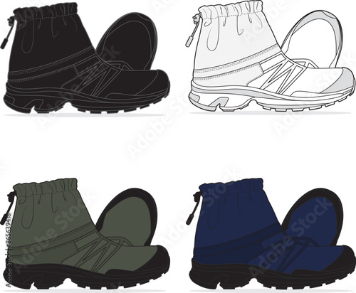 Unisex Short Winter Boots-  Technical boots fashion illustration. Flat apparel boots template front and back, white, black, navy and khaki colour. Unisex CAD mock-up.