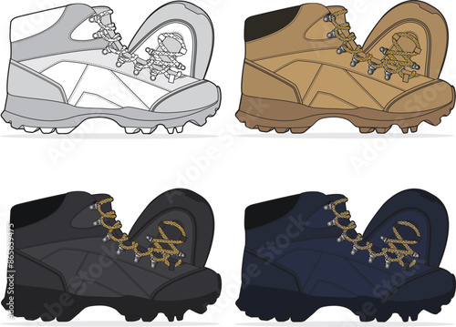 Unisex Hiker Nubuck Boots-  Technical boots fashion illustration. Flat apparel boots template front and back, white, dark grey, navy and beige colour. Unisex CAD mock-up.