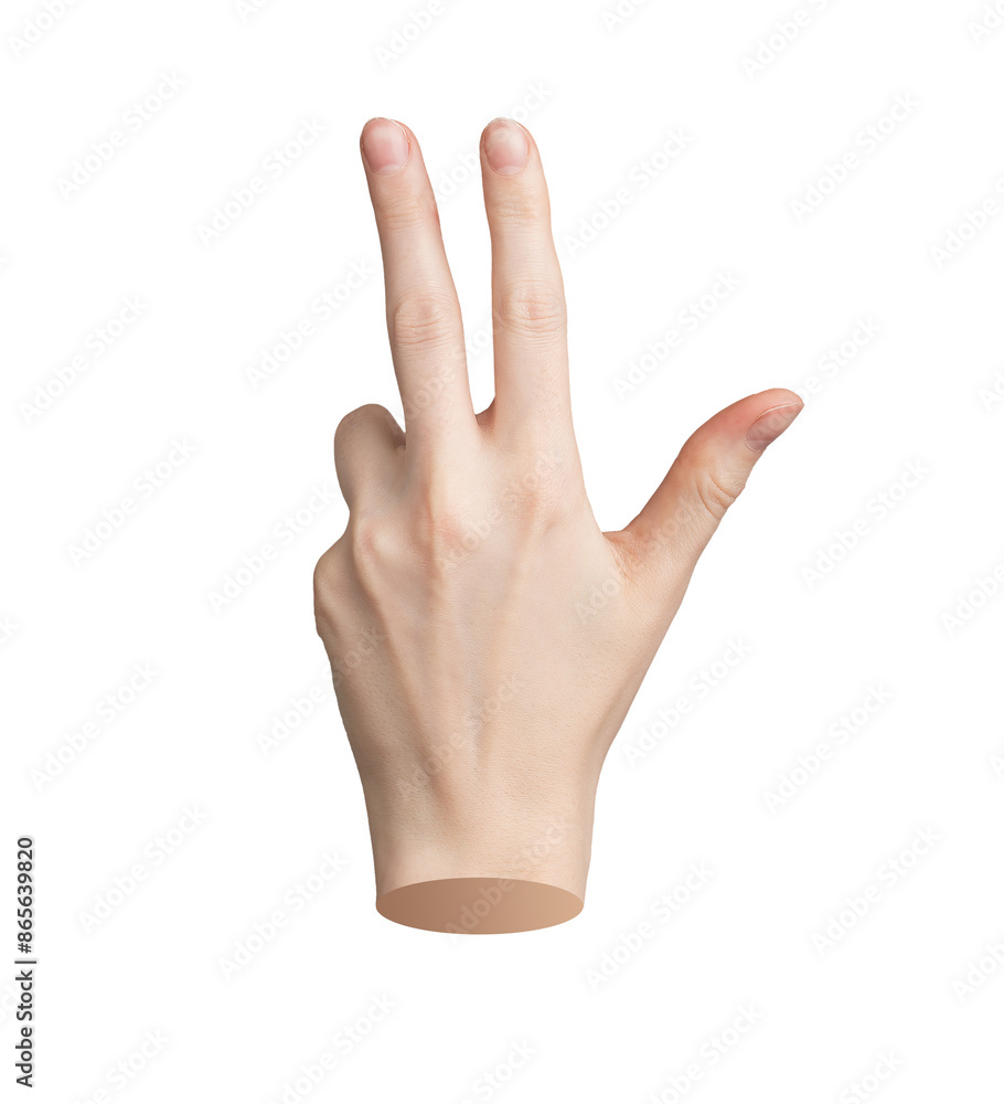 Three fingers up, hand showing the number 3. Isolated sign, gesture on white background. Person counting with thumb, middle, and forefinger.., transparent PNG cutout Three fingers up, hand showing the number 3. Isolated sign, gesture on white background. Person counting with thumb, middle, and forefinger.., transparent PNG cutout