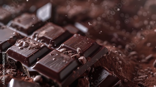 Dark chocolate bar in shattered pieces. © Studicon