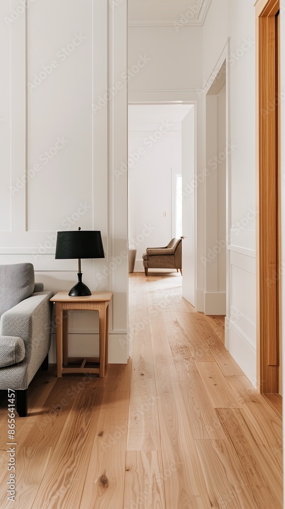 Fototapeta premium A modern, minimalist interior design with a white door, a grey armchair, and a grey sofa