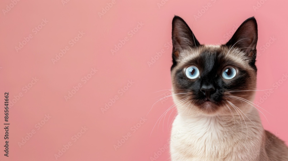 Fototapeta premium Hungry Siamese cat with seal point markings gazing at camera with space for text on pink backdrop