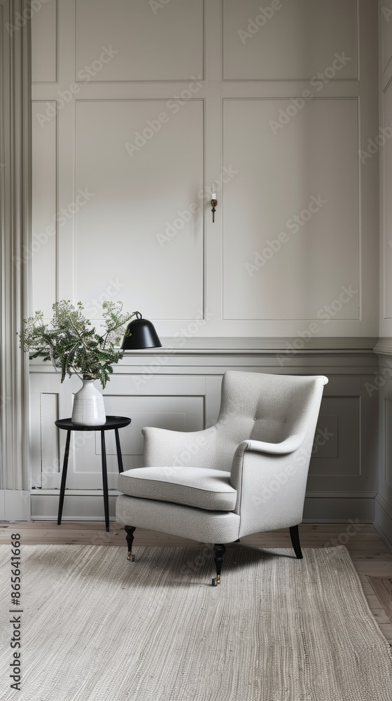 Fototapeta premium A modern, minimalist interior design with a white door, a grey armchair, and a grey sofa