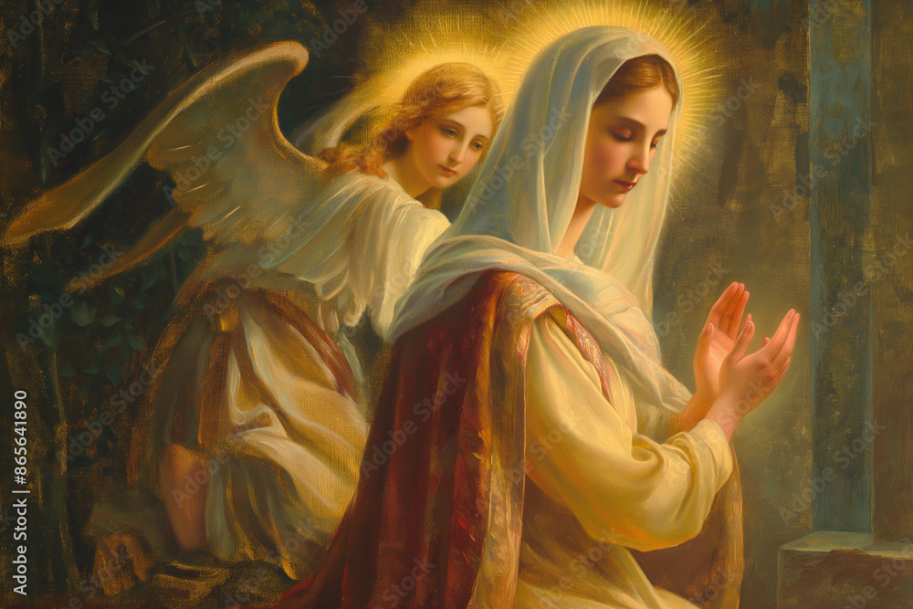 Fototapeta premium Archangel Gabriel comes to Mary for Annunciation, Mary and Gabriel
