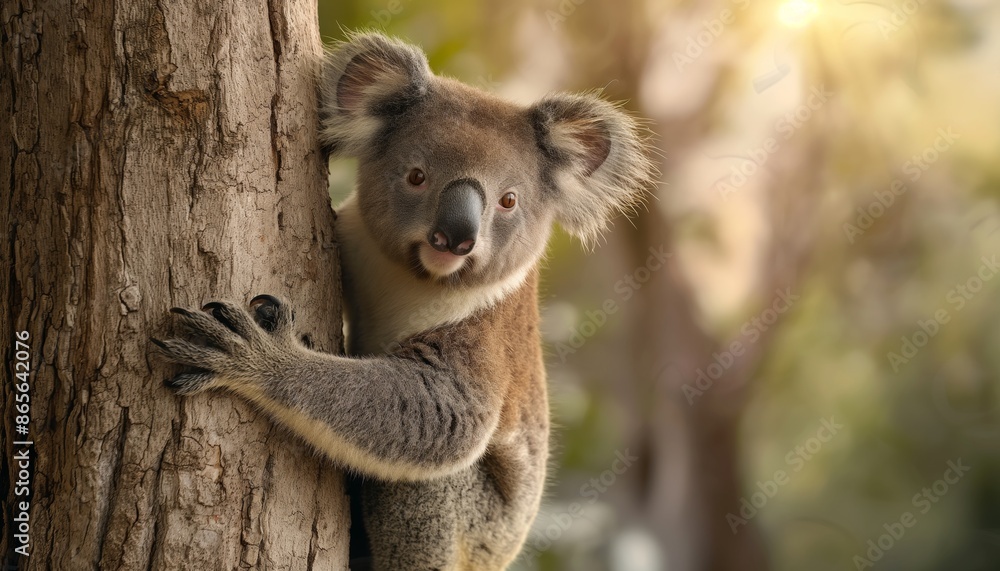 Fototapeta premium A lovable koala firmly grabs a tree trunk in a lush, soft-lit forest setting, exemplifying the innocence and natural beauty of wildlife thriving in its native habitat.