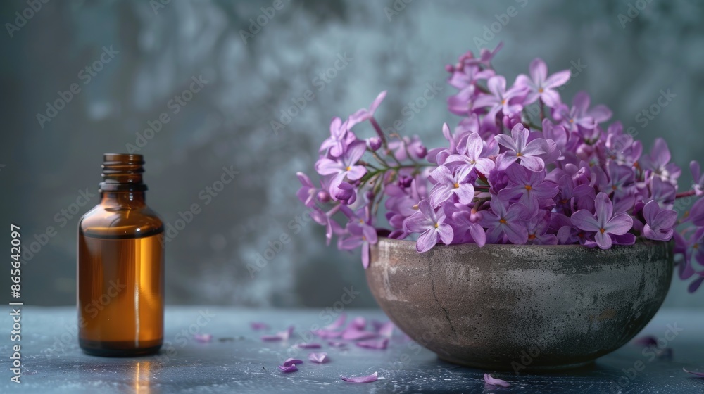 Aromatherapy concept with essential oil bottle purple flowers in small bowl Aromatherapy concept with essential oil bottle purple flowers in small bowl