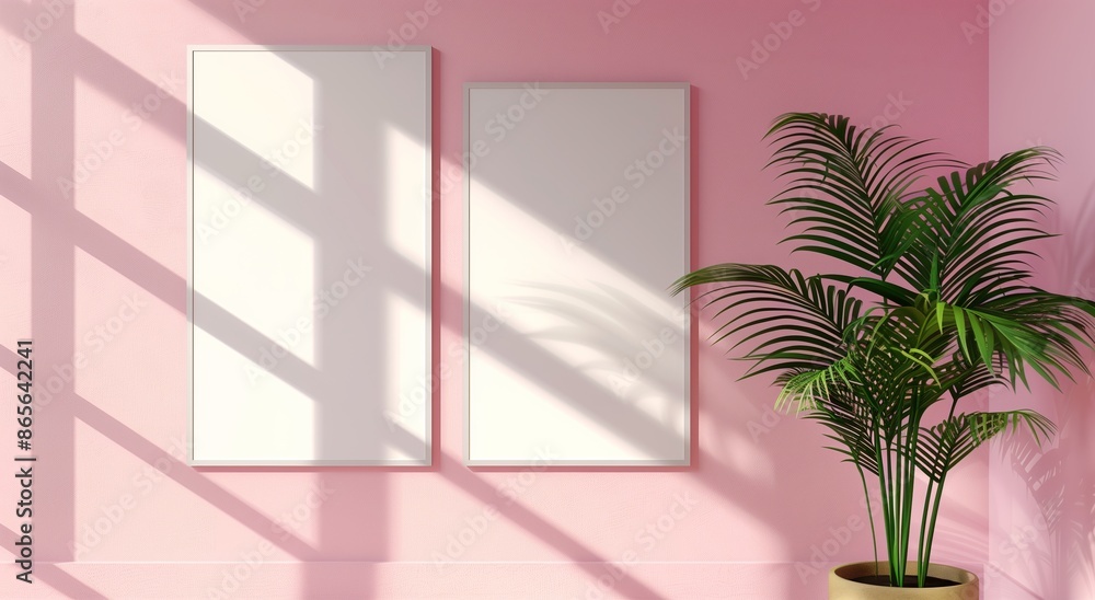 Two vertical white frame mockups on pink wall and large plant next to it. Two vertical white frame mockups on pink wall and large plant next to it.