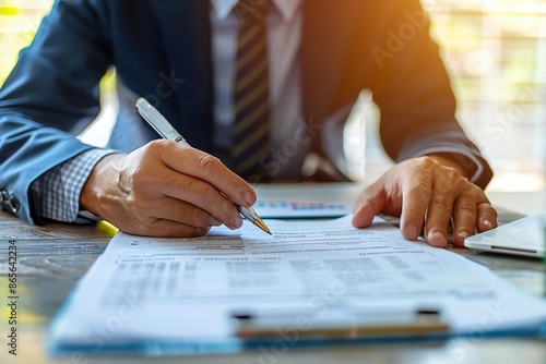 close-up shot of a businessman conducting an employment interview with an application form on an office desk. photo