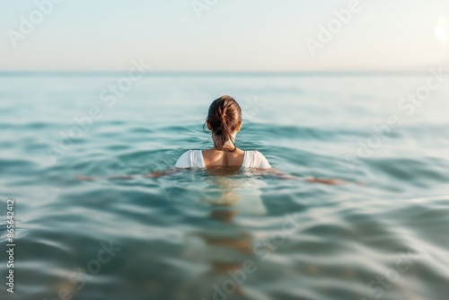 A woman in white swimwear enjoys swimming in the calm ocean, surrounded by vast water and embraced by the serene environment, reflecting tranquility and contentment.