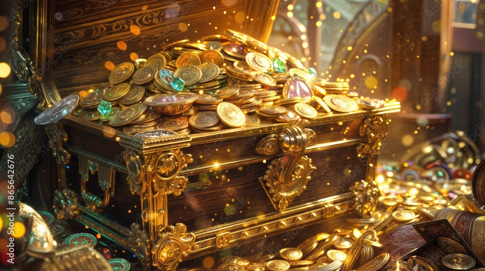Photo of an open chest with gold. AI generated. Photo of an open chest with gold. AI generated.