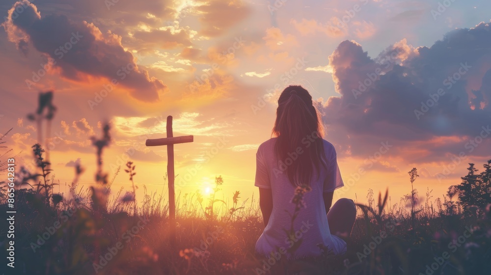 Woman in contemplation looking at cross in the sky, seeking solace and spirituality Woman in contemplation looking at cross in the sky, seeking solace and spirituality