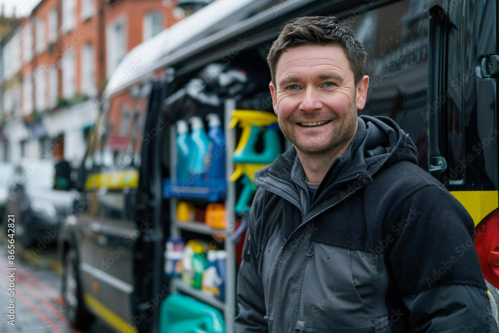 portrait of a smiling male cleaner standing in front of his van filled with cleaning equipment, representing his business as a professional and handyman in the cleaning industry. portrait of a smiling male cleaner standing in front of his van filled with cleaning equipment, representing his business as a professional and handyman in the cleaning industry.