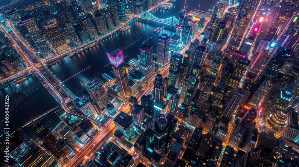 Photo of a cityscape with vibrant neon lights. AI generated. Photo of a cityscape with vibrant neon lights. AI generated.